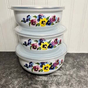 Vintage GMI Pansy Floral Enamelware | Set of 3 with Lids | Cottage
